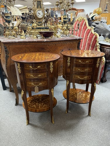 Pair oval marquetry bedside - oval,